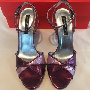 New With Original Box Claudia Ciuti lavender and purple leather open toe heels.